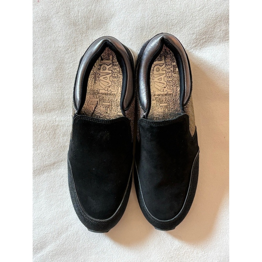 Karl Lagerfeld Sneakers Women 9 Black Slip On Glitter Suede Mixed Media Trainers